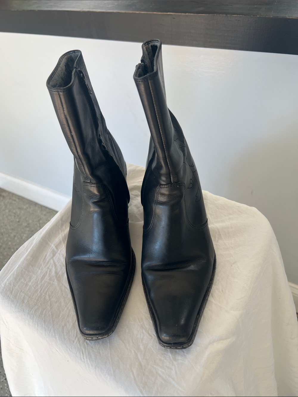 Women's Black Leather Square-Toe Heeled Ankle Boots